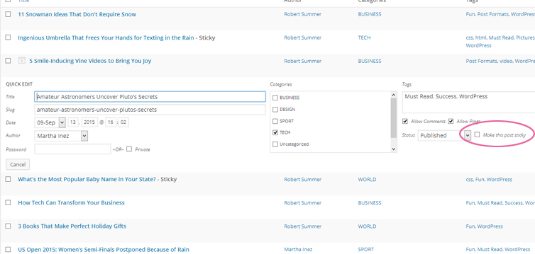 Sticky posts in WordPress free theme