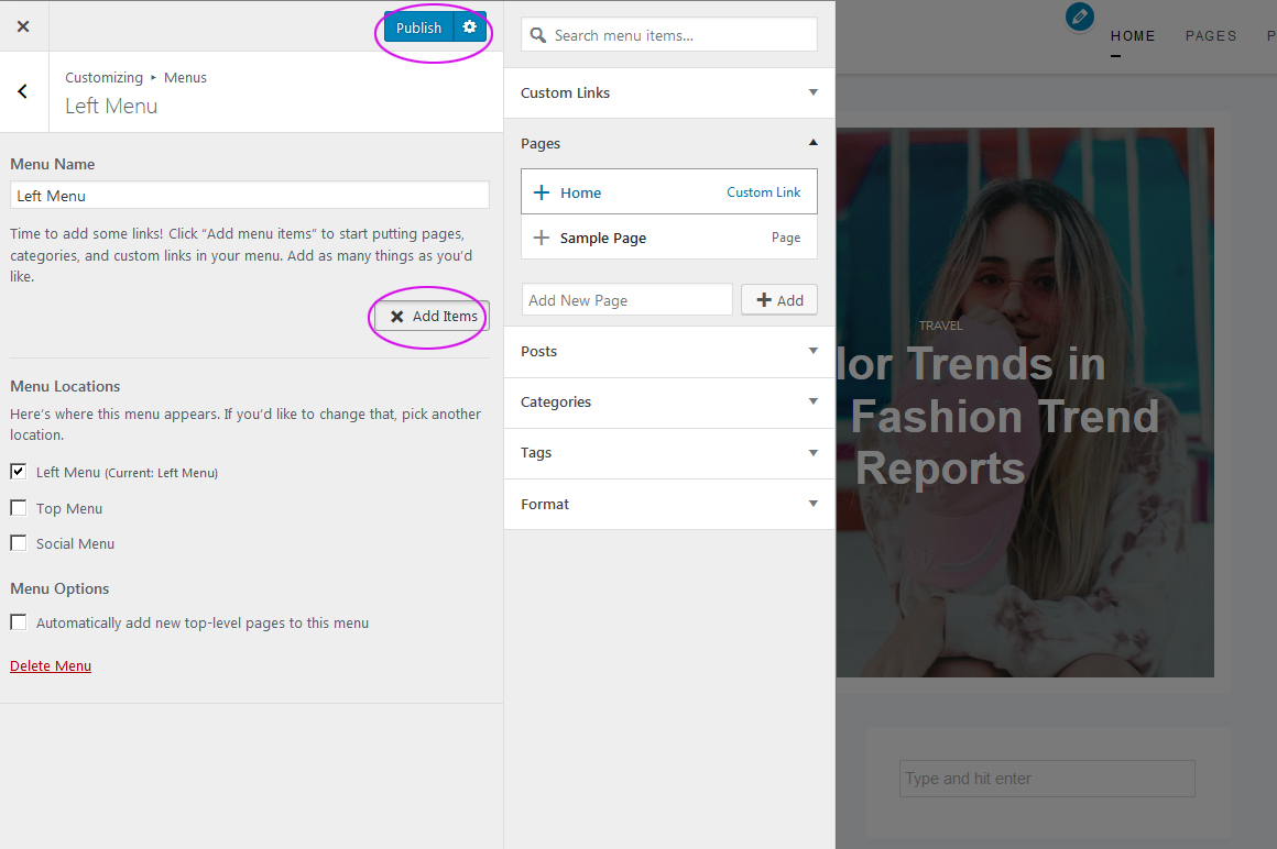 Menus options in free WP blog theme