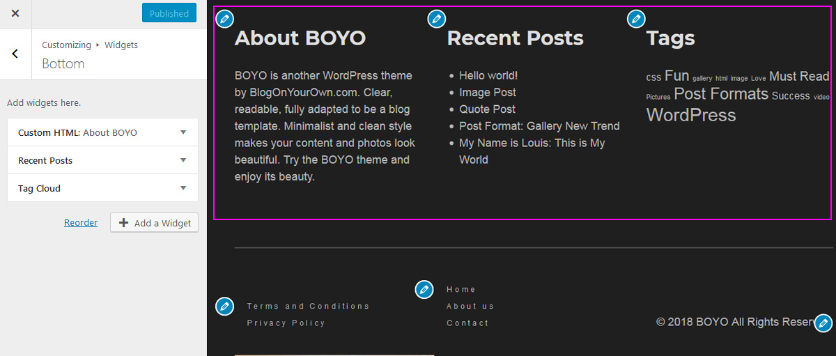 Creating a blog with WordPress free theme - bottom widget area Bottom Widget in WordPress free template for bloggers