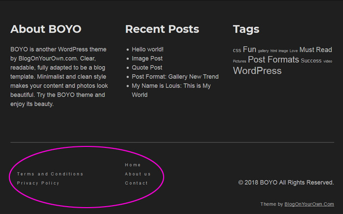 Boyo free WordPress theme for writters Menu in the footer in Boyo WP blog theme