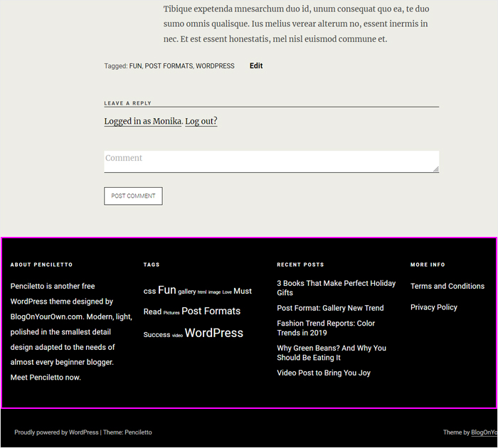 Display footer in Penciletto WordPress theme