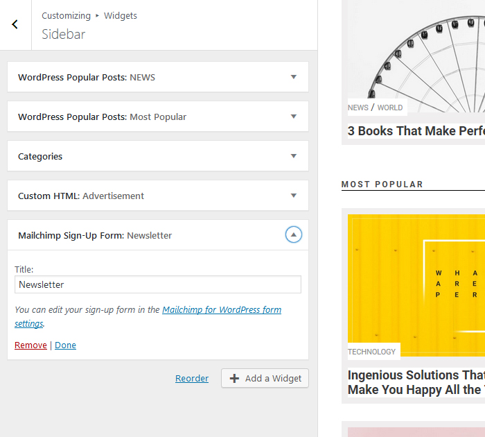 Sidebar in Free WP theme