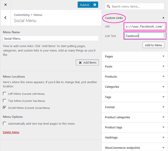 How to add social menu in free theme