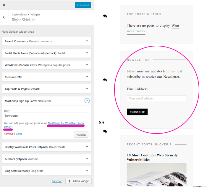 MailChimp newsletter in Blover free WordPress theme