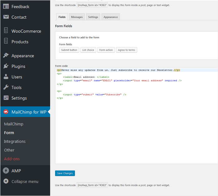 MailChimp settings in free WordPress theme