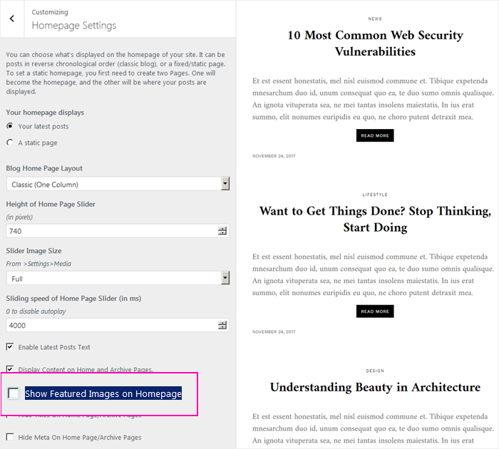 Free WordPress theme home settings